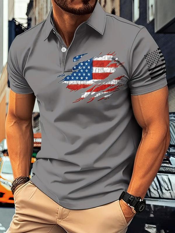 Men's Flag Print Short Sleeve 4th Of July Polo Shirt, Regular Fit Casual Button Front Polo Neck Top, Polo Shirts Men, Fashion Men's Clothes for Summer Daily Wear