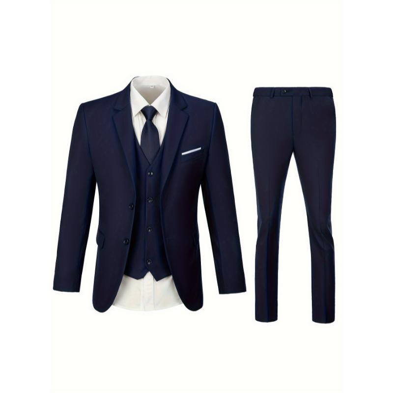 Plus Size Men's 3Pcs Suit Set, Fashionable Groomsman Wedding Attire, Solid Suit Jacket & Waistcoat & Suit Pants Set