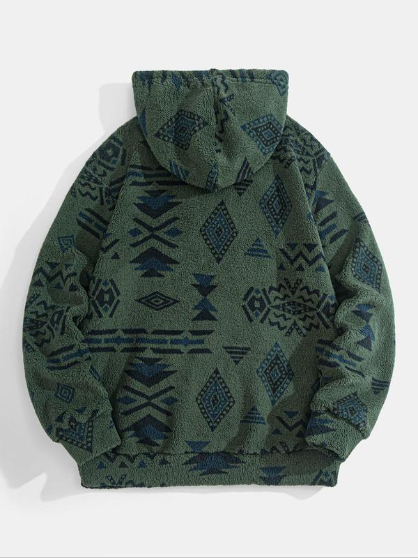 Men's Tribal Print Drop Shoulder Fuzzy Hoodie, Fashion Casual Regular Fit Drawstring Pocket Hooded Sweatshirt for Daily Holiday Outdoor Wear, Men Clothes for Fall & Winter