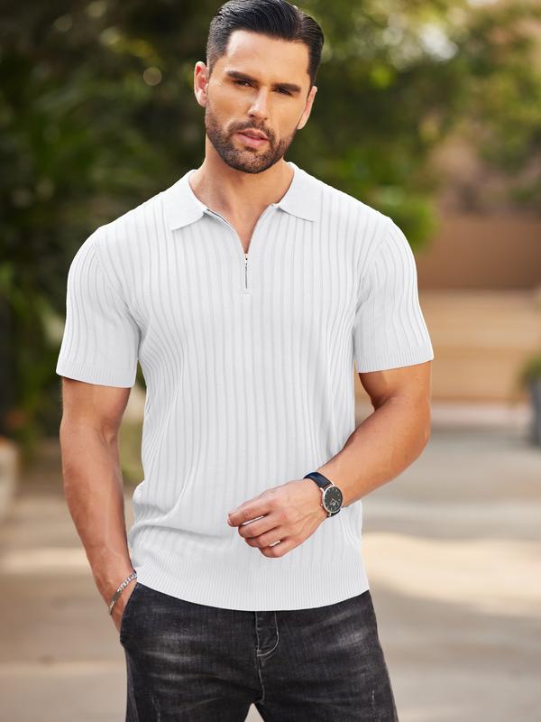 COOFANDY New York Fashion Week Men's Zipper Polo Shirts Short Sleeve Ribbed Knit Polo T Shirts Fashion Casual Golf Shirts Fabric Menswear Classic