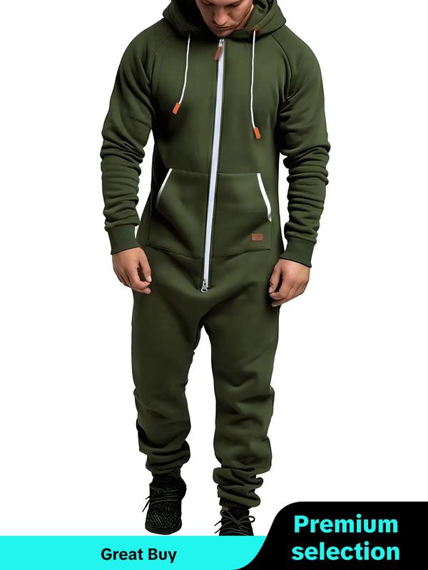 Men's Solid Zip Up Drawstring Hooded Jumpsuit, Regular Fit Casual Long Sleeve Pocket Jumpsuit for Fall & Winter, Men's Sleepwear for Indoor Wear