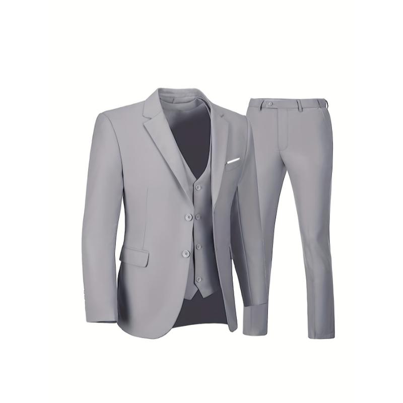 Plus Size Men's 3Pcs Suit Set, Fashionable Groomsman Wedding Attire, Solid Suit Jacket & Waistcoat & Suit Pants Set