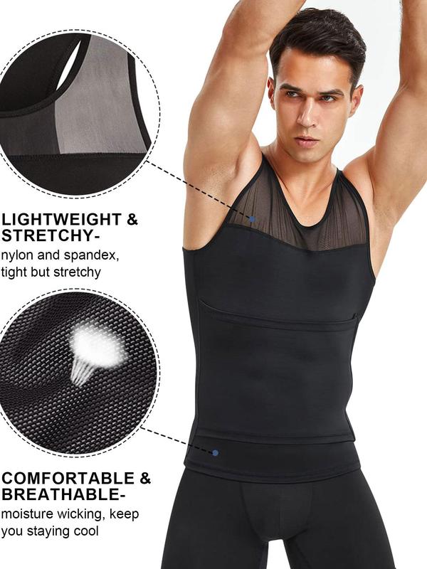 Men's Contrast Mesh Shapewear Tank Top, Adjustable Hook & Eye Compression Fajas Vests, Summer Tummy Control Shaper