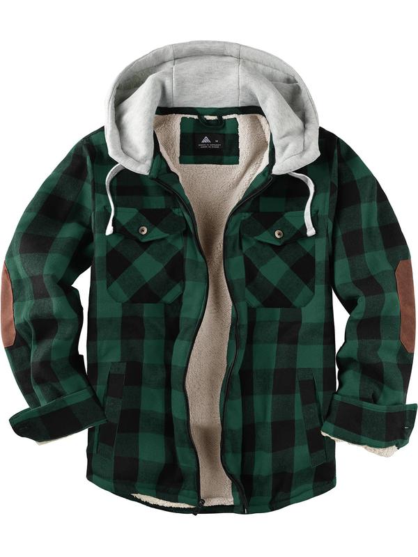 Men's Plaid Print Button Front Thermal  Lined Drawstring Hooded Coat, Regular Fit Casual Long Sleeve Pocket Outerwear for Fall & Winter, Men's Clothes for Daily Wear