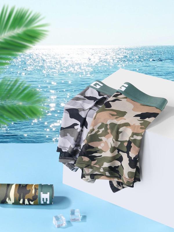 Men's 5pcs Camo Print Letter Tape Ice Silk Boxer Brief, Casual Comfy Breathable Underwear for Daily Wear, Mens Underwear for All Seasons