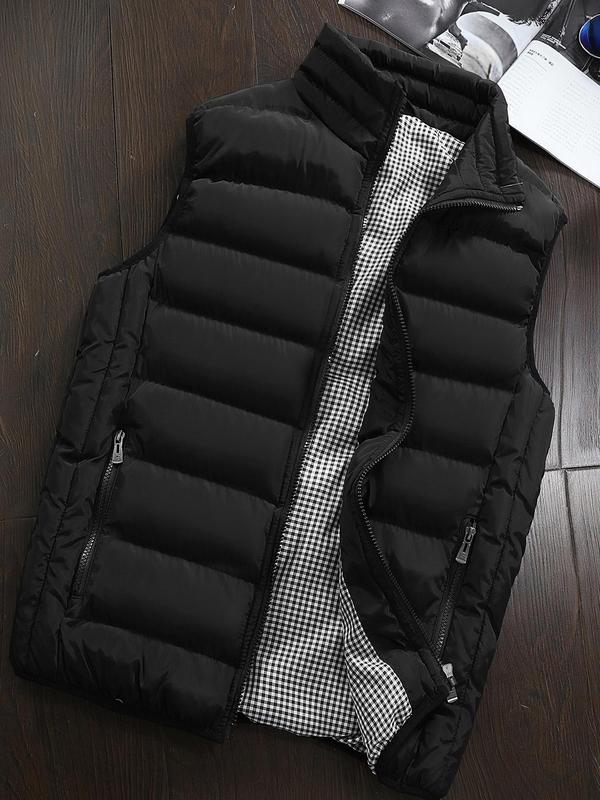 Men's Solid Zip Up Funnel Neck Vest Jacket, Regular Fit Casual Pocket Sleeveless Outerwear for Fall & Winter, Men's Clothes for Daily Wear