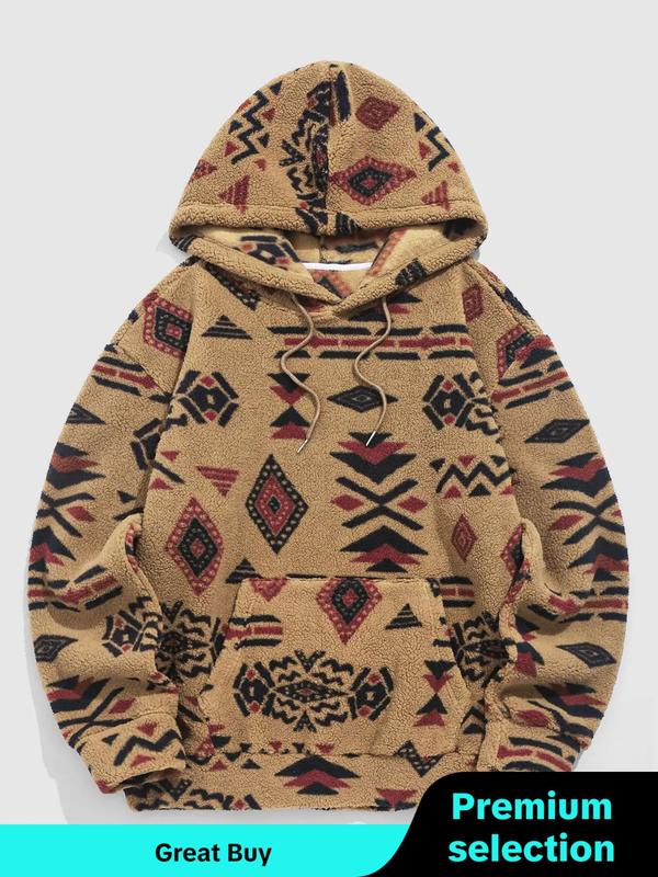 Men's Tribal Print Drop Shoulder Fuzzy Hoodie, Fashion Casual Regular Fit Drawstring Pocket Hooded Sweatshirt for Daily Holiday Outdoor Wear, Men Clothes for Fall & Winter