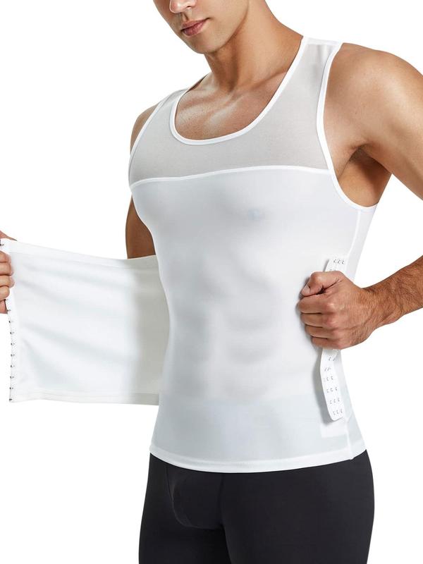 Men's Contrast Mesh Shapewear Tank Top, Adjustable Hook & Eye Compression Fajas Vests, Summer Tummy Control Shaper