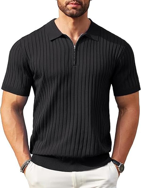 COOFANDY New York Fashion Week Men's Zipper Polo Shirts Short Sleeve Ribbed Knit Polo T Shirts Fashion Casual Golf Shirts Fabric Menswear Classic