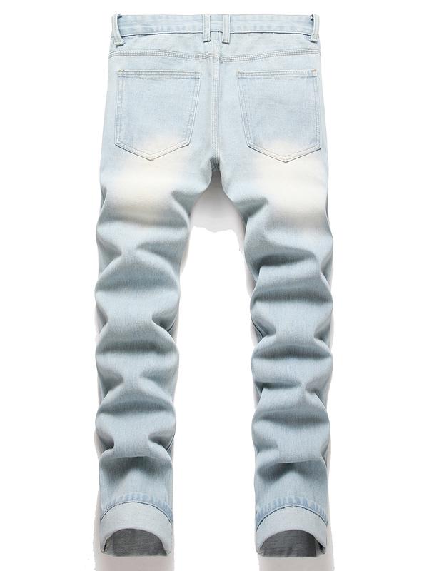 Men's Ripped Frayed Bleach Wash Casual Slim Fit Jeans, Distressed Straight Streetwear Comfortable Stylish Denim Pants, Classic Fashion Plain Trouser