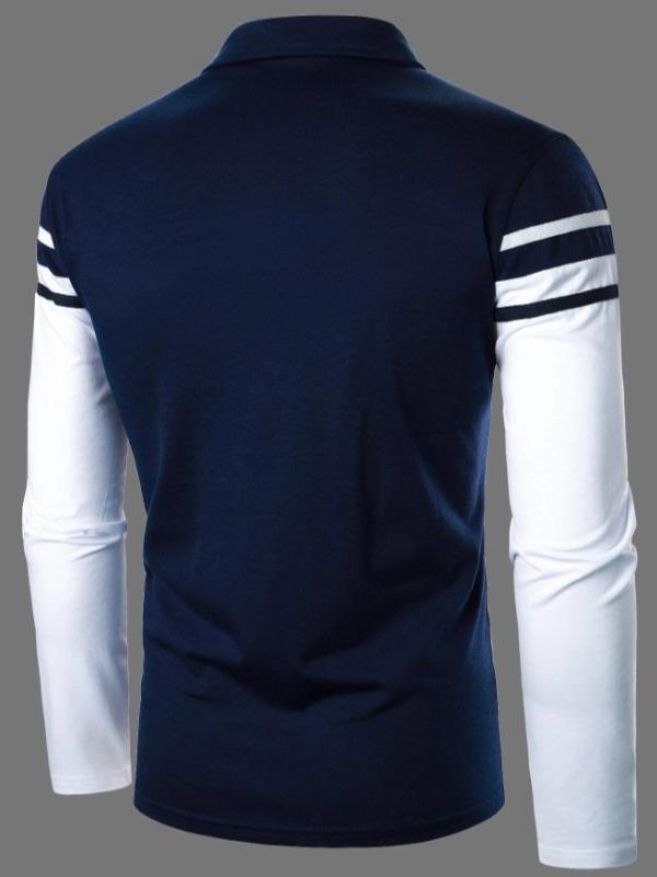 Men Color Block Contrast Tape Polo Shirt Winter Autumn Menswear Top Stylish Long Sleeve