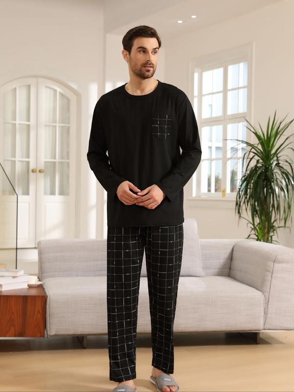 Two-Piece Set Men's Plaid Print Pocket Tee & Pants Pyjama, Regular Fit Casual Comfy Round Neck Long Sleeve T-shirt & Trousers PJ Set, Men's Sleepwear for Spring & Fall