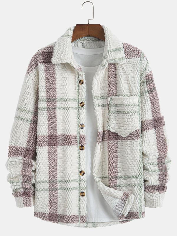 Men's Plaid Print Button Front Fleece Winter Jacket, Casual Regular Fit Long Sleeve Pocket Outerwear for Fall & Winter, Men's Clothes for Daily Wear