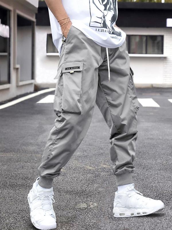 Men's Plain Loose Patched Flap Pocket Drawstring Waist Cargo Pants, Drippy Outfits, Mens Clothing, Casual Street Wear Jogger Pants for Fall, Going Out Outfit, Mens Fall Clothing, Fall Outfits 2024, Back To School Outfits