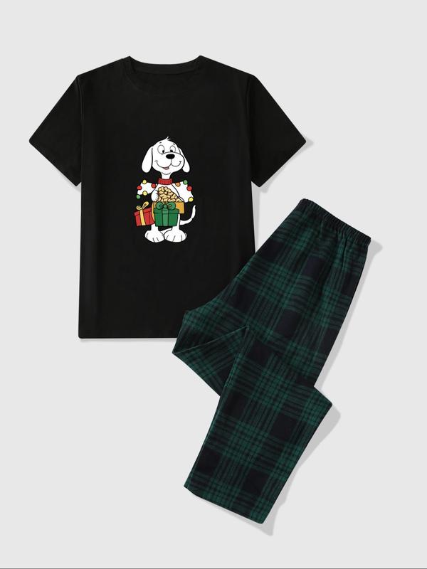 Men's Cartoon Snoopy Print   Plain  Tee & Plaid Print Elastic Waist Pants Loungewear Two-piece Set, Casual Comfy Round Neck Short Sleeve T-shirt & Trousers Pj Set, Men's Sleepwear for All Seasons