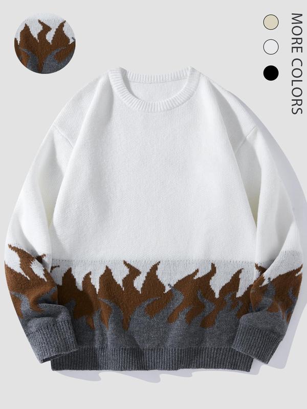 Unisex Men's Fire Print Drop Shoulder Crewneck Sweater, Loose Casual Long Sleeve Round Neck Jumper Knitwear for Fall & Winter, Fall Sweaters, Streetwear Sweaters, Y2k Freaky Knitting Pullover Top, Menswear Tops