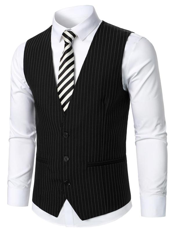 Men's Striped Print Button Front V Neck Waistcoat without Shirt, Slim Fit Casual Sleeveless Blazer Vest for Party, Fashion Men's Clothes for All Seasons