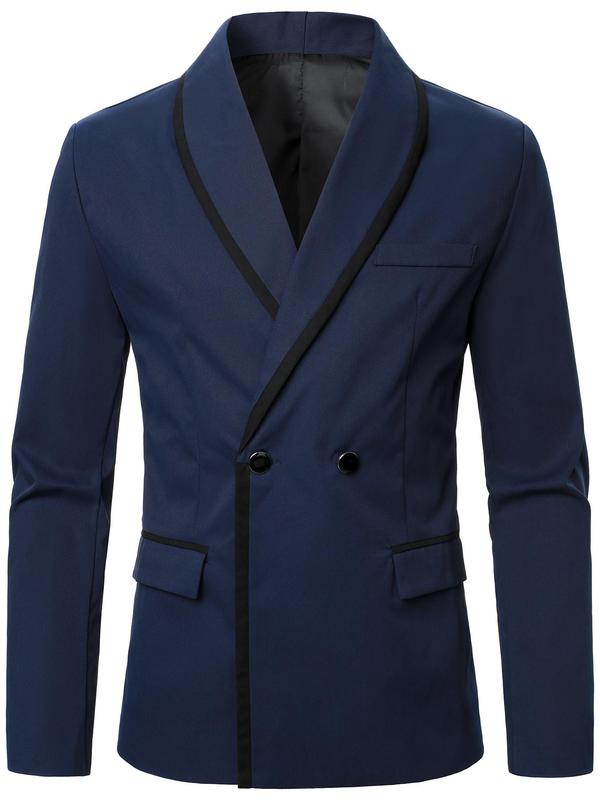 Men's Striped Trim Double Button Shawl Collar Blazer, Business Formal Flap Detail Long Sleeve Suit Jacket for Work Office, Men's Clothing for All Seasons
