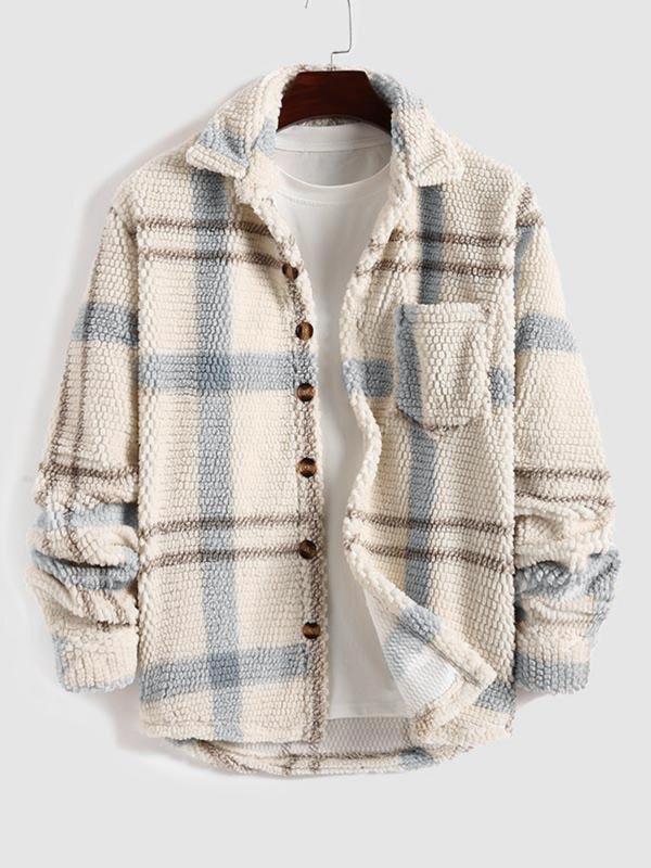 Men's Plaid Print Button Front Fleece Winter Jacket, Casual Regular Fit Long Sleeve Pocket Outerwear for Fall & Winter, Men's Clothes for Daily Wear