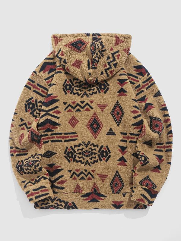 Men's Tribal Print Drop Shoulder Fuzzy Hoodie, Fashion Casual Regular Fit Drawstring Pocket Hooded Sweatshirt for Daily Holiday Outdoor Wear, Men Clothes for Fall & Winter