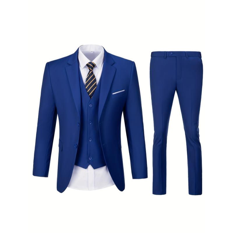 Plus Size Men's 3Pcs Suit Set, Fashionable Groomsman Wedding Attire, Solid Suit Jacket & Waistcoat & Suit Pants Set