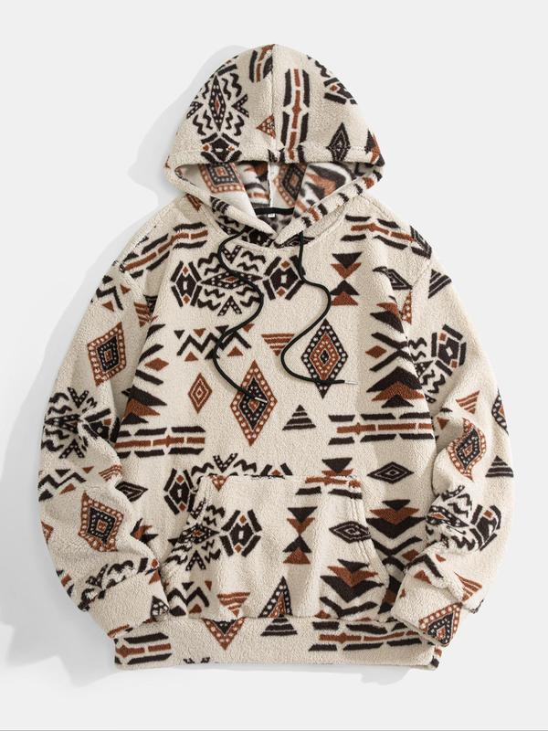 Men's Tribal Print Drop Shoulder Fuzzy Hoodie, Fashion Casual Regular Fit Drawstring Pocket Hooded Sweatshirt for Daily Holiday Outdoor Wear, Men Clothes for Fall & Winter