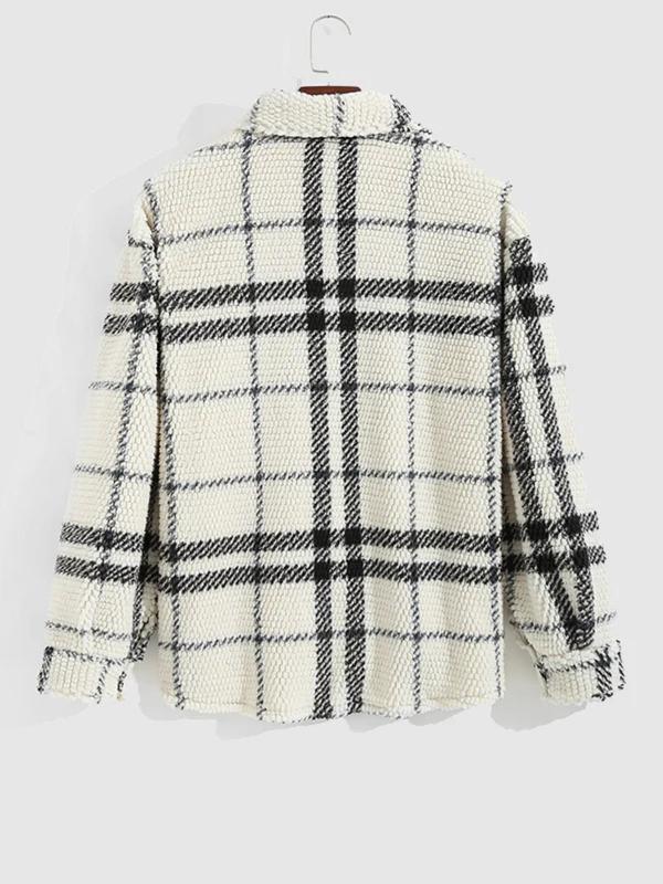 Men's Plaid Print Button Front Fleece Winter Jacket, Casual Regular Fit Long Sleeve Pocket Outerwear for Fall & Winter, Men's Clothes for Daily Wear