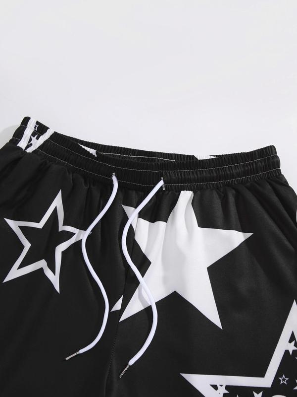 Men's Star Graphic Pocket Drawstring Shorts, Random Print Casual Regular Fit Elastic Waist Beach Shorts, Summer Bottoms for Men