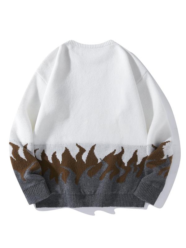 Unisex Men's Fire Print Drop Shoulder Crewneck Sweater, Loose Casual Long Sleeve Round Neck Jumper Knitwear for Fall & Winter, Fall Sweaters, Streetwear Sweaters, Y2k Freaky Knitting Pullover Top, Menswear Tops