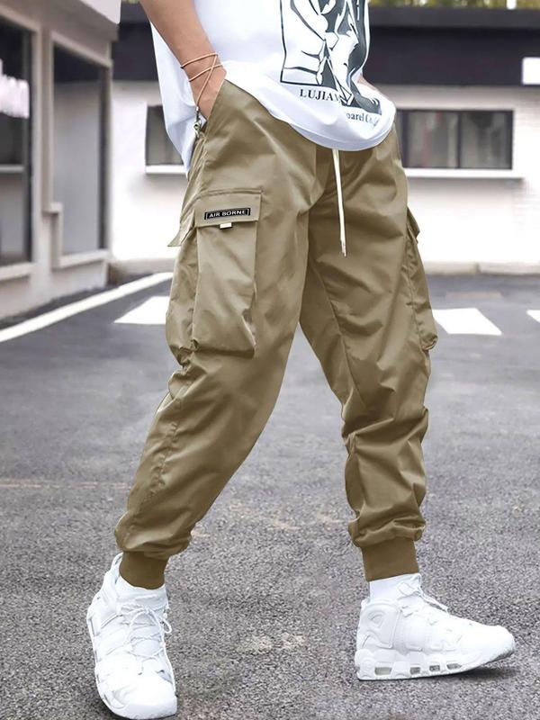 Men's Plain Loose Patched Flap Pocket Drawstring Waist Cargo Pants, Drippy Outfits, Mens Clothing, Casual Street Wear Jogger Pants for Fall, Going Out Outfit, Mens Fall Clothing, Fall Outfits 2024, Back To School Outfits