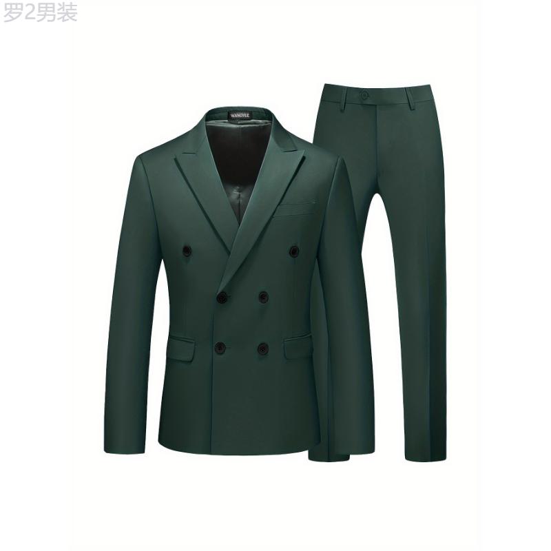 Formal 2 Pieces Set, Men's Double Breasted Suit Jacket & Dress Pants Suit Set For Business Dinner Wedding Party Menswear Polyester