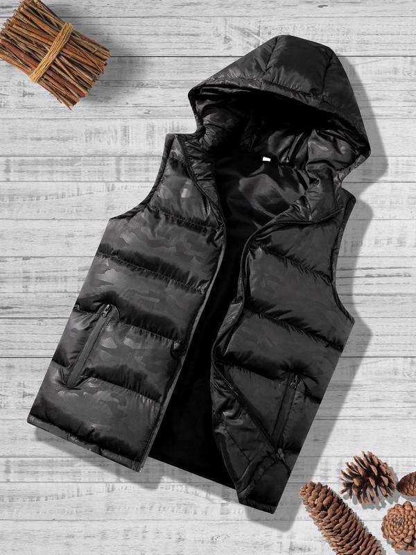 Men's Camo Print Pocket Zipper Hooded Vest Jacket, Regular Fit Casual Sleeveless Hooded Outerwear for Fall & Winter, Men's Clothes for Daily Wear