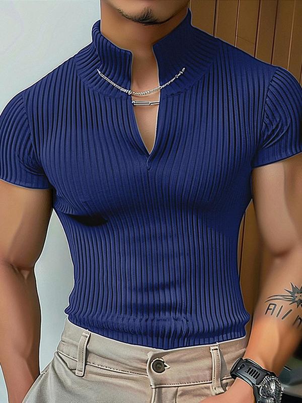 Men's Solid Notched Neck Polo Shirt, Casual Regular Fit Short Sleeve Top for All Seasons, Fashion Men's Clothes for Daily Wear