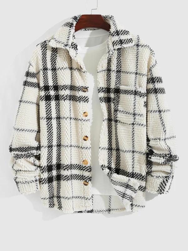 Men's Plaid Print Button Front Fleece Winter Jacket, Casual Regular Fit Long Sleeve Pocket Outerwear for Fall & Winter, Men's Clothes for Daily Wear