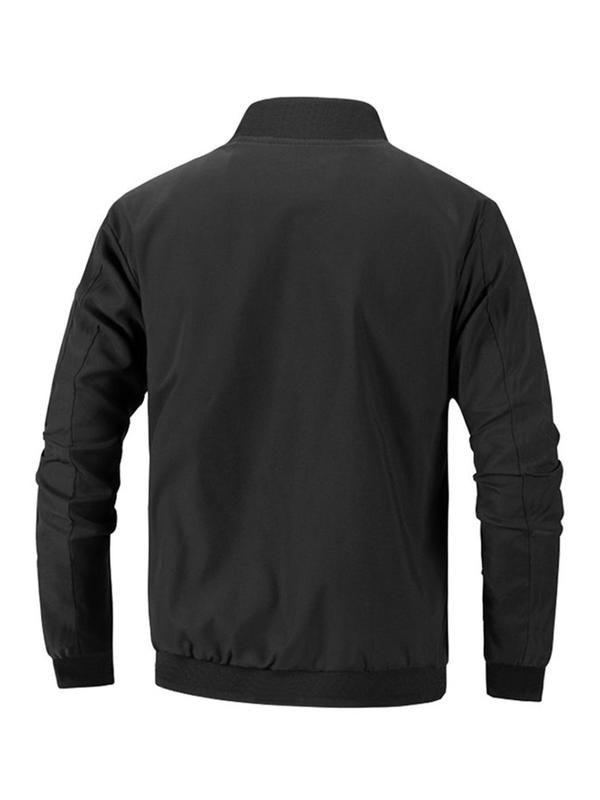 Men's Solid Zip Up Pocket Sports Bomber Jacket, Regular Fit Casual Long Sleeve Baseball Collar Outerwear for Fall & Winter, Men's Sportswear for Outdoor Activities