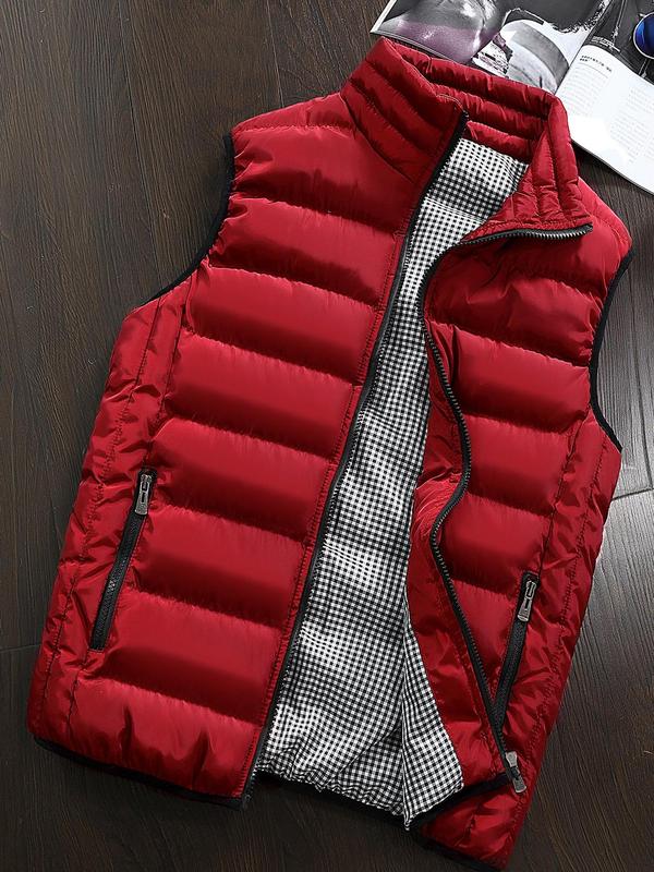 Men's Solid Zip Up Funnel Neck Vest Jacket, Regular Fit Casual Pocket Sleeveless Outerwear for Fall & Winter, Men's Clothes for Daily Wear