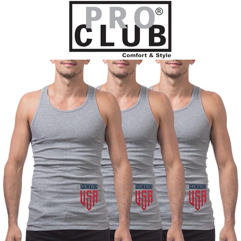 PRO CLUB Premium Ringspun Cotton Ribbed A-shirt Underwear Summer Top, 3 Pack Single color Streetwear Comfort Sleeveless Tshirt Basic Menswear Man