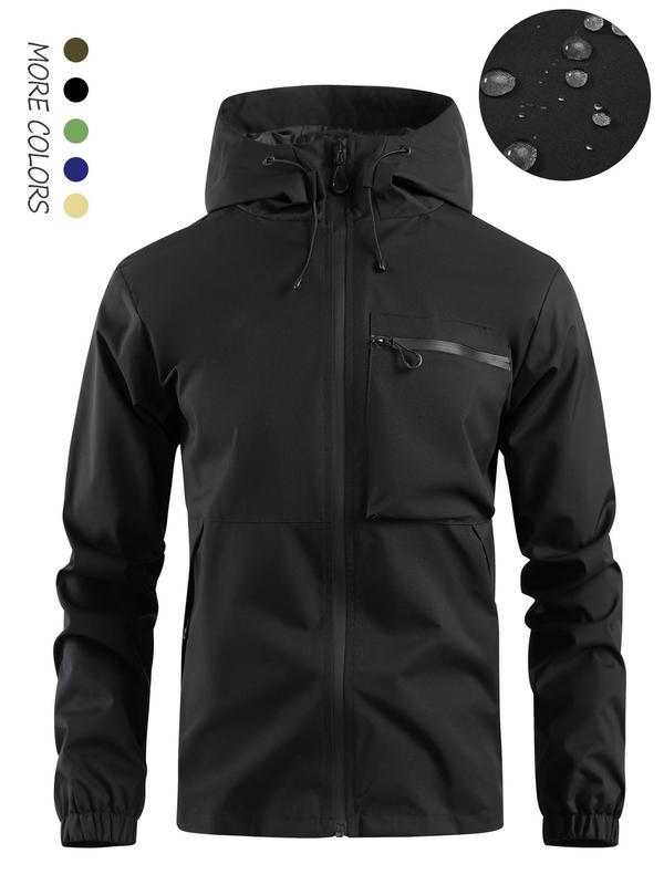 Men's Solid Zip Up Windproof Waterproof Hooded Jacket, Regular Fit Casual Long Sleeve Drawstring Pocket Jacket for Fall & Winter, Men's Outerwear for Daily Wear