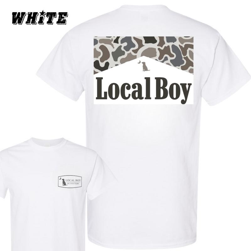 Local Boy Outfitters T-Shirt - Bold Logo with Camo Pattern Graphic , Perfect for Outdoor and Casual Wear , Comfortable Unisex Fit , High-Quality Cotton Fabric , Ideal for Everyday Style , Unique Adventure Menswear Classic Crewneck Underwear Streetwear