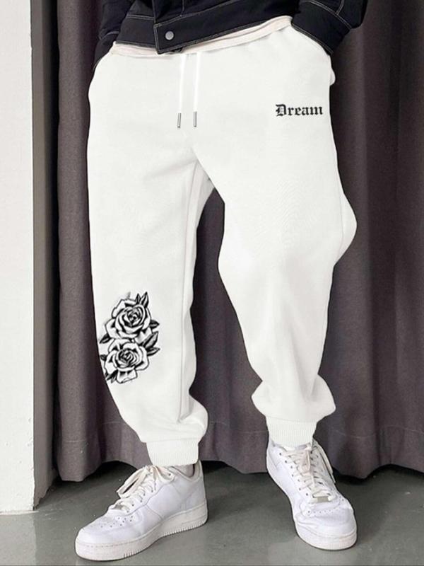 Men's Floral & Letter Print Drawstring Waist Loungewear Sweatpants, Regular Fit Casual Pocket  Pants for Fall & Winter, Men's Trousers for Daily Wear