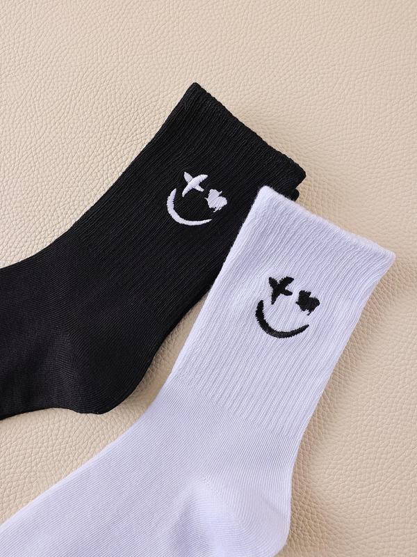 Men's 2 Pairs Smile Face Embroidery Mid-calf Socks, Ribbed Knit Crew Socks, Black and White Socks for Men, Comfy Breathable Socks Pack, Men's Socks & Hosiery