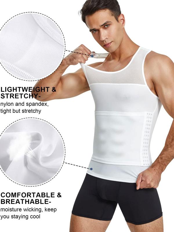 Men's Contrast Mesh Shapewear Tank Top, Adjustable Hook & Eye Compression Fajas Vests, Summer Tummy Control Shaper