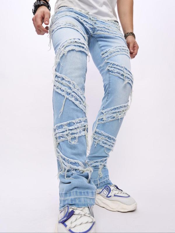 Men's Plain Pocket Button Fly Raw Trim Flare Leg Jeans, Slim Casual Denim Trousers, Men's Bottoms for All Seasons Daily Wear