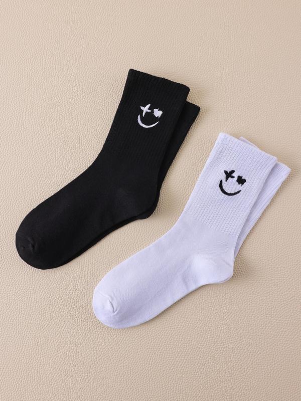 Men's 2 Pairs Smile Face Embroidery Mid-calf Socks, Ribbed Knit Crew Socks, Black and White Socks for Men, Comfy Breathable Socks Pack, Men's Socks & Hosiery