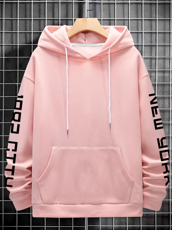 Men's Car & Letter Print Pocket Drawstring Hoodie, Loose Casual Drop Shoulder Long Sleeve Hooded Sweatshirt, Men's Fall & Winter Clothes