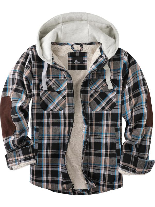 Men's Plaid Print Button Front Thermal  Lined Drawstring Hooded Coat, Regular Fit Casual Long Sleeve Pocket Outerwear for Fall & Winter, Men's Clothes for Daily Wear