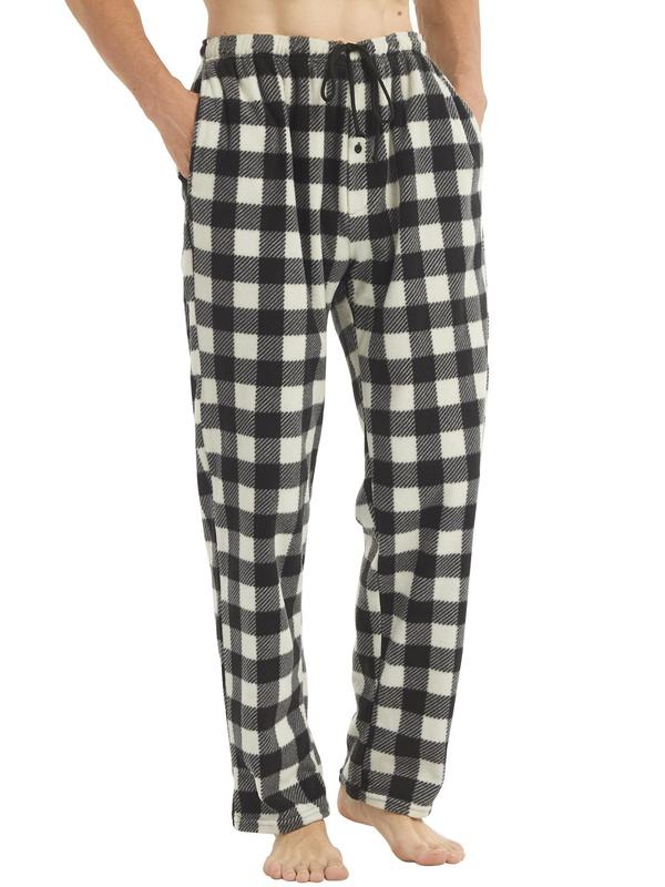 Men's Plaid Print Pocket Sleep Pants, Regular Fit Casual Drawstring Waist Straight Leg Pajama Trousers, Men's Sleep Bottoms for Fall & Winter