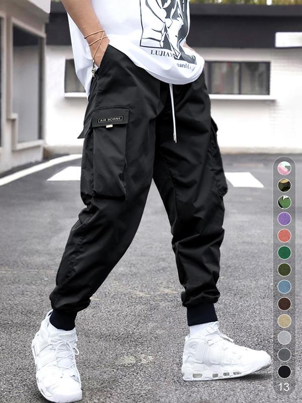 Men's Plain Loose Patched Flap Pocket Drawstring Waist Cargo Pants, Drippy Outfits, Mens Clothing, Casual Street Wear Jogger Pants for Fall, Going Out Outfit, Mens Fall Clothing, Fall Outfits 2024, Back To School Outfits