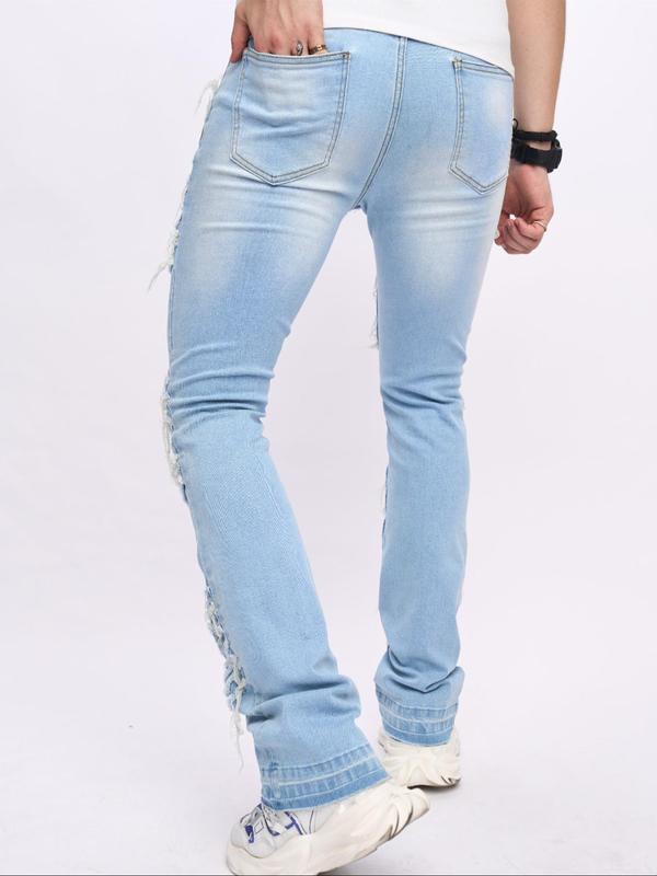 Men's Plain Pocket Button Fly Raw Trim Flare Leg Jeans, Slim Casual Denim Trousers, Men's Bottoms for All Seasons Daily Wear