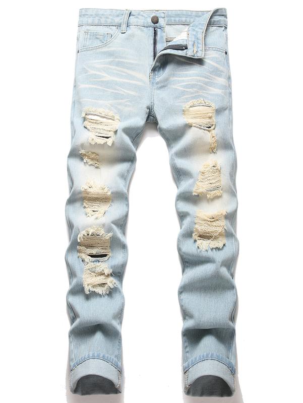 Men's Ripped Frayed Bleach Wash Casual Slim Fit Jeans, Distressed Straight Streetwear Comfortable Stylish Denim Pants, Classic Fashion Plain Trouser